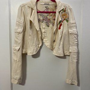 Floral Embroidered Cropped Cream/White Light Jacket with Pockets